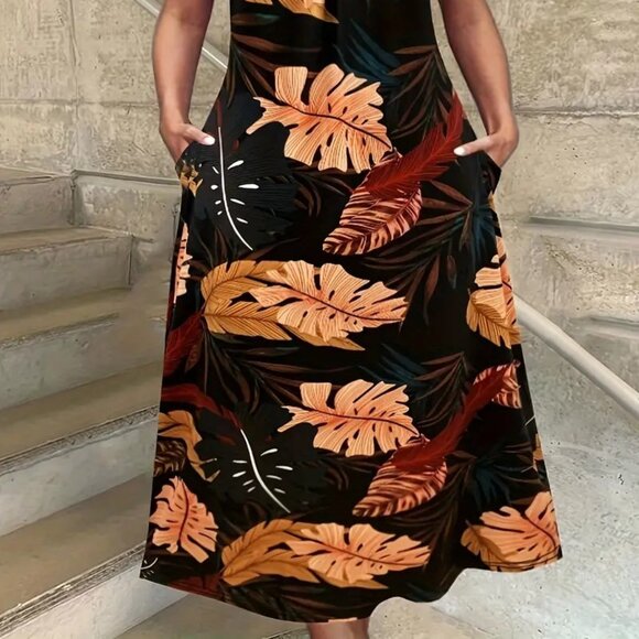 Women's Plus Size Tropical Leaf Print Slingback Pocket Holiday Summer Dress 22W - Picture 2 of 12